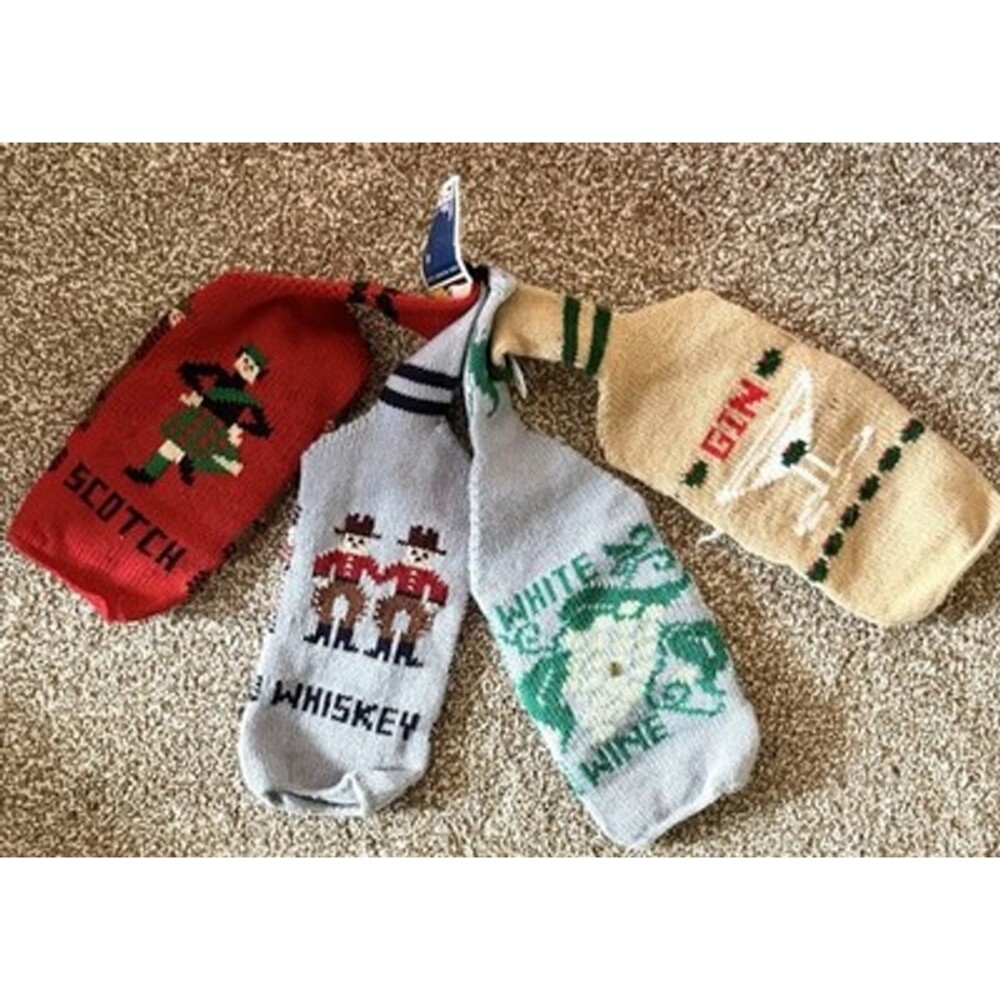 LOT OF 4-WHISKEY, SCOTCH, GIN & WINE UGLY SWEATER BOTTLE COVER~ NEW